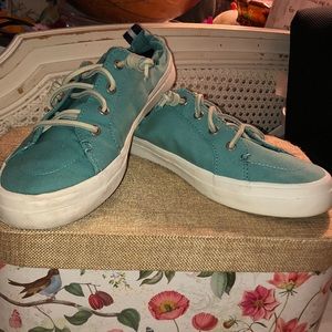 EUC Like New Sperry Top-Sider Turquoise Canvas Slip In Leather Tied Laces